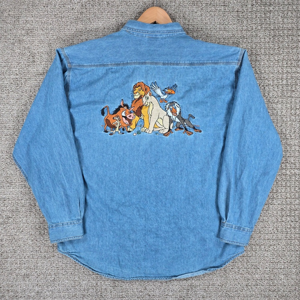 Vintage Disney Store Lion King Embroidered Denim Shirt Mens Large Long Sleeve